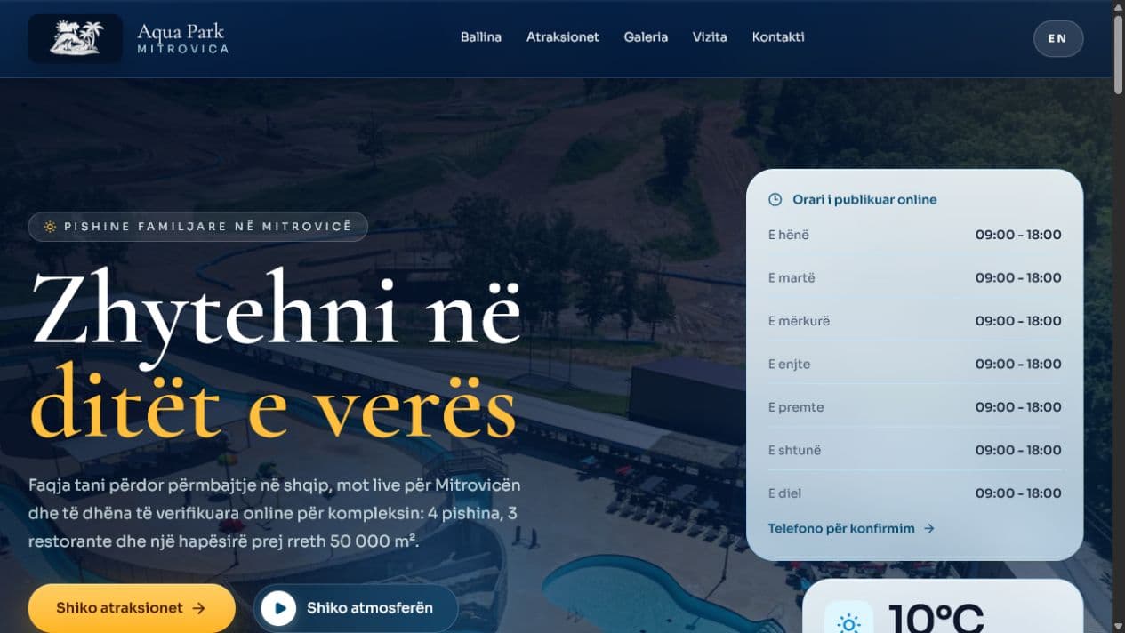 Aqua Park Mitrovica homepage designed by webprishtina