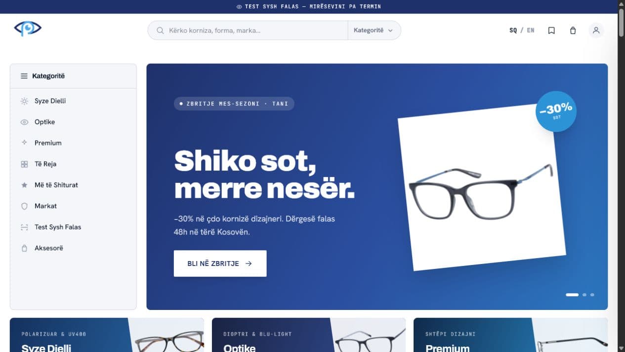 Optika Prime homepage designed by webprishtina